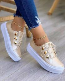 Shoes Fashion Women Shoes Flat Casual PU Round Toe Daily Wear SlipOn Button Decor Laceup Sneakers