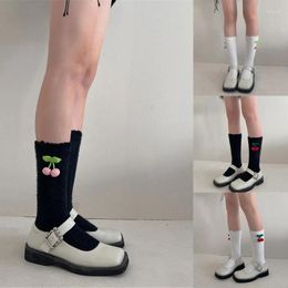 Women Socks Solid Colour Furry Calf Japanese Cherry Pendant Student Ribbed Knitted Winter Stockings Leg Warmer