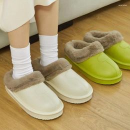 Slippers 2024 Winter Waterproof Leather Warm Thick Plush Soft Sole Home House Shoes For Unisex Outside Indoor Furry Slides