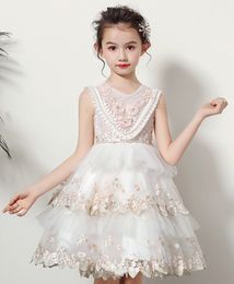 Lindo vestido de tule branco com apliques de joias até o chão vestido de flor para meninas vestidos de concurso de festa / aniversário vestidos de menina saia personalizada SZ 2-12 D319039