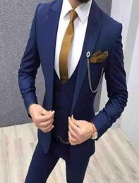 Fashion Navy Blue Groom Tuxedos Peak Lapel Groomsmen Mens Wedding Dress Excellent Man Jacket Blazer 3Piece SuitJacketPantsVest4566377