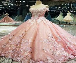 Pink Quinceanera Dresses 2022 Newest 3D Floral Applique Handmade Flowers Beaded Off the Shoulder Short Sleeves Prom Formal Evening6062470