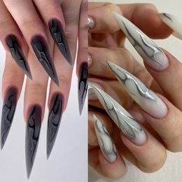 False Nails French Mechanical Silver Black Vine Full Cover Press On Detachable Long Stiletto Fake DIY