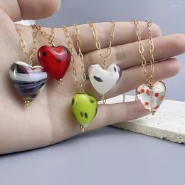 Choker Stainless Steel Necklace For Women Hand-Painted Polka Dot Peach Heart Glass Pendant Neckchain Cute Fashion Jewellery Gift