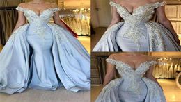Sky Blue Elegant Evening Dresses with Detachable Skirt Off Shoulders Applique Sequin Long Satin Pageant Celebrity Gowns Prom Dress8609613