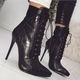 Boots Snakeskin grain Ankle Boots For Women High heels Fashion Pointed toe Ladies Sexy shoes 2021 New LaceUp Bootswf76