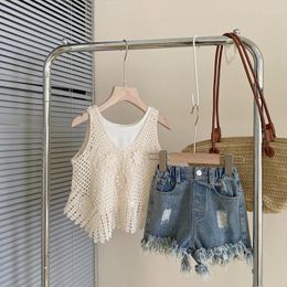 Clothing Sets 1-8Yrs Children Girls Hollow Out Clothes Outfits Sleeveless Vest Lace Tops Denim Shorts 3Pcs Summer Kids Suits