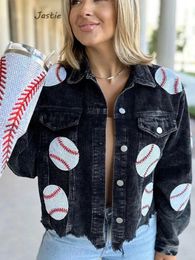 Distressed Corduroy Jacket Womens Baseball Sequin Lapel Long Sleeve Autumn And Winter Tops For Outerwear 240319