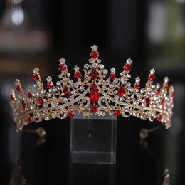 Tiaras New Golden Bride Crown Princess Headwear Birthday Red Rhinestone Headband Wedding Hair Jewelry Bridal Tiaras Vintage Headpiece Y240319