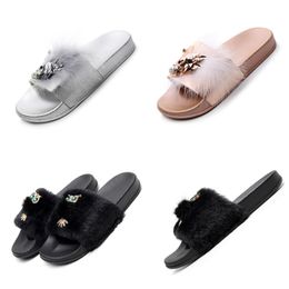 2024 GAI Designer Slippers Pink Grey Women's Summer Heel Sandals Quality Fashion Plush slippers sandals with External fur cute pink anti slip black EVA NEW