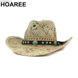 Wide Brim Hats Bucket HOAREE Mens Sun Hat Cowboy Women Panama Handmade Knitting Beach Casual Male Female Summer Fedora 240319