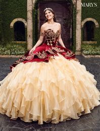 2020 Sweetheart Burgundy Ball Gown Quinceanera Dresses With Embroidery Tiered Skirts Lace Up Floor Length Vestido De Festa Sweet 13252447