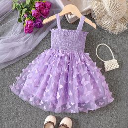 Girl Dresses Baby Girls Summer Sleeveless Dress 2024 Strap Smocked Fashion 3D Embroidery Tulle Sequins Children's Clothing