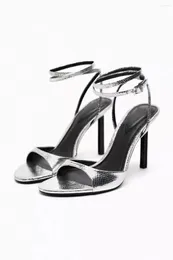 Dress Shoes 2024 Brand Silver High-heeled Sandals Women Sexy Narrow Band Ankle Strap High Heels Gladiator Summer Wedding