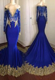 Amazing Gold Lace Royal Blue Real Po Mermaid Prom Evening Dress Long Illusion Sleeves See Through Sequins Hollow 2022 Party For2861213
