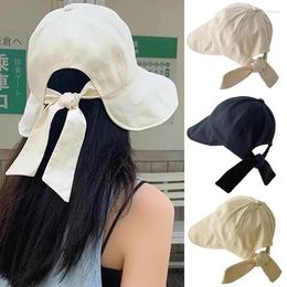 Berets Women's Summer Hat For The Sun Wide Brim UV Neck Protection Beach Bow Bucket Hats Foldable Travel Panama Caps Female