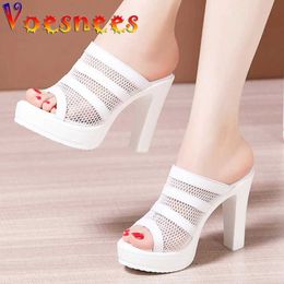 Dress Shoes Korean Style Cutout Mesh Slippers Comfortable Breathable Peep Toe Square Heel Sandals Platform Walk Show High Women H240325