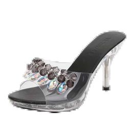 Dress Shoes Thin Bottom Non-slip Crystal 9 cm High Heel Women Slippers Sandals Beaded Rhinestone Black White WomansDUJH H240321