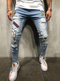 Men's Jeans Top Fashion Men Hip-hop Tight Denim Pants Male Street Wear Ripped With Pathes For Outdoor