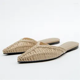 Slippers Summer Breathable Hollow Out Woven Ladies Shoes Pointed Toe Flat Women Outside Mules Zapatos Mujer Beach Flip Flops