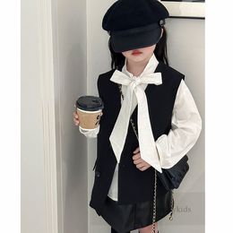 Fashion Girls V-neck back hollow waistcoat kids lace-up Bows tie long sleeve shirt 2024 spring children PU leather skirt Z7243