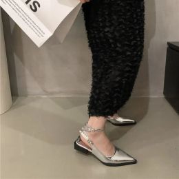 Sandals Sandals for Women Closed Summer 2023 with Low Heels Ladies Shoes Silver Footwear Pointed Toe Party and Weddings Outdoor Korea F