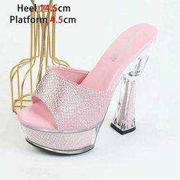 Dress Shoes Brand New Square Heel Slippers Transparent High Heels 14.5CM Fashion Women Party Sandals Europe And America Summer Model H240321