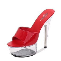 Dress Shoes Women Slippers Summer Platform Flower Red High Heels Patent leather 15cm Outdoors Sandals Ladies Clear Heel Crystal H240321W0CQZ14I