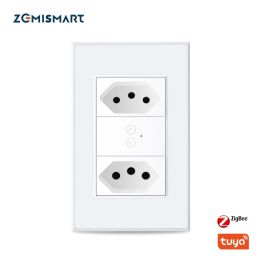 Control Zemismart Tuya Zigbee Smart Brazil Socket 10A 20A Two Brazil Outlets Alexa Google Home Smart Life App Control