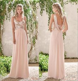 Rose Gold Sequins Bridesmaid Dresses A Line Spaghetti Backless Chiffon Cheap Long Beach Wedding Guest Bridesmaids Dress Maid of Ho3259309