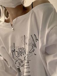 Women's T Shirts Y2K T-shirt Fairy Grunge 2024 Vintage Letter Print Tops Black Autumn Off Shoulder Long Sleeved Korean Tees Loose Harajuku