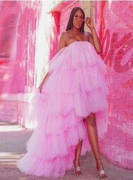 Blush Pink Tiered Tulle Homecoming Dresses High Low Elastic Puffy Formal Party Dress Strapless Prom Dress Cheap Robe Vestido5738955