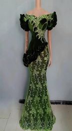 Classic Green Lace Aso Ebi Evening Dresses Short Sleeves Puffy Mermaid Women Plus Size Prom Gowns Appliques 20211905095