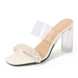 Dress Shoes 2022 New Pearl Women Slippers Transparent Double One Word Band Sexy 9CM Slides Square Toe Sandals Summer Chic Crystal Heel H2403251VNSQ