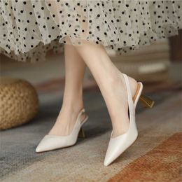 New French style sandals for women spring summer heel soft leather slim high heels pointed back hollow single shoes 240228