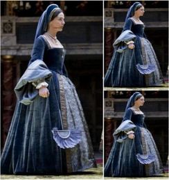 Navy Blue Victorian Gothic Evening Formal Dresses Civil War Southern Velvet Lace Long Sleeve Square Halloween nun Prom Gowns5444665