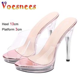 Dress Shoes 13CM Transparent Sandals Outdoor Modern Slippers For Women 2024 Summer New CRYSTAL Thin Heels Sexy Girls Party High H240325