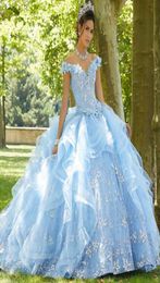 Light Sky Blue Beaded Ball Gown Quinceanera Dresses Lace Sequined Off The Shoulder Prom Gowns Tiered Sweep Train Tulle Sweet 15 Ma1492494