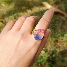 Cluster Rings N18 Pink Yellow Blue Gradient Oval Gemstone Crystal Fusion Stone Back Is Natural Front Ring