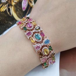 Rose Gold Color Rainbow Colorful Zirconia Bracelet for Women Girls 22CM Long Wedding Bangle Vintage Party Jewelry Gift