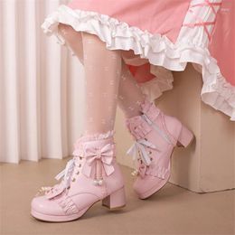 Boots PXELENA Lolita Mary Jane Pearl Butterfly-Knot Princess Ankle Daily Dating Shoes Women Cosplay Uniform Lace Plus Size