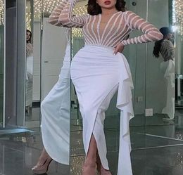 Silver Sexy VNeck Mermaid Prom Dresses 2020 Long Sleeves white African Formal Evening Gowns Graduation see though Party Dresses 28957380