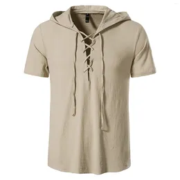 Men's T Shirts Hooded Spring Summer Casual Fashion Drawstring Cross Lace-Up Cotton Linen Solid V-Neck Short Sleeve Tops