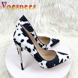 Dress Shoes Black And White Horse Hair High Heels 12CM Pointed Thin Womens 2023 New Shallow Mouth Single Shoe Versatile Pumps H240325