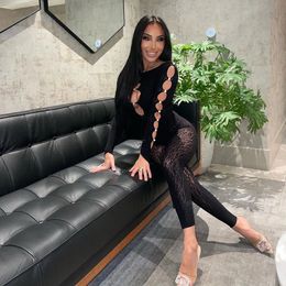Crystal Lace Women Jumpsuits Fitness Leopard Long Sleeve Hollow Out Rompers Autumn Sexy Sheer Mesh Club Party 240328