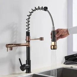 Kitchen Faucets Luxury Black And Rose Gold Spring Pull Down Faucet Cold Water Mixer With Deck Mounted Tap 360 ° Rotate Brass