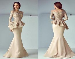 Long Sleeve Ruffles Floor Length Evening Dresses Sheer Neck Long Sleeve Lace Top Formal Gown Sweep Train Satin Prom Gowns 20191101759