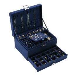 Necklaces New Navy Blue 3Layer Flannel Jewelry Organizer Box Necklaces Earrings Rings Display Holder Case for Women Large Capacity