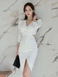 Casual Dresses Fashion Ladies Sweet Vacation Women Clothing Elegant Chic Hollow Sexy Puff Sleeve Slim Party Club Dress Mujer Vestidos