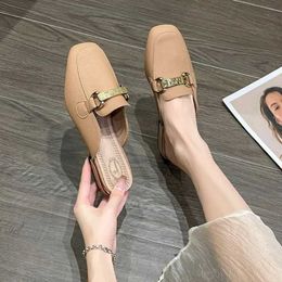 Slippers 2024 New Chain Mules Women Slides Square Toe Ladies Striped Shoes Summer Fashion Footwear Plus Big Size 35-41O8T0 H240321